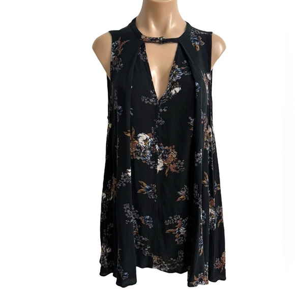 FREE PEOPLE BLACK FLORAL SLEEVELESS TRAPEZE TREE SWING MINI DRESS SZ XS - Picture 3 of 6
